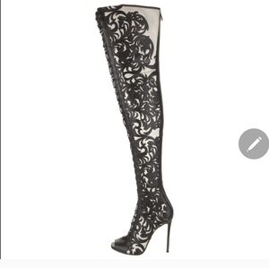 Balmain Lace-Up Laser-Cut Leather Thigh Boots Size 41